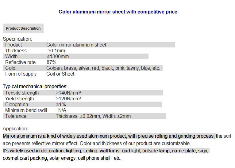 Color Aluminum Reflective sheet